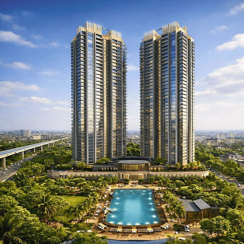 Twin towers and clubhouse pool by day
