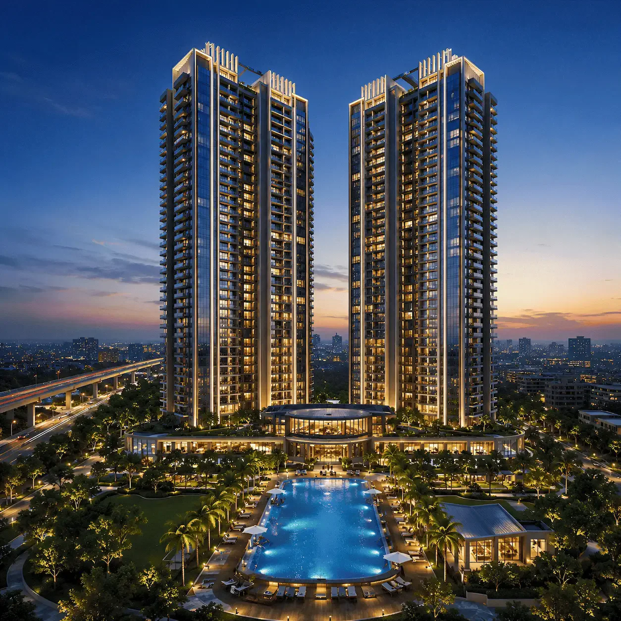 Twin towers and resort pool after dark