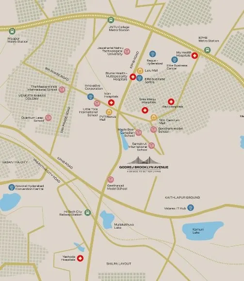 Connectivity map of Godrej Brooklyn Avenue around Kukatpally, KPHB and HITEC City