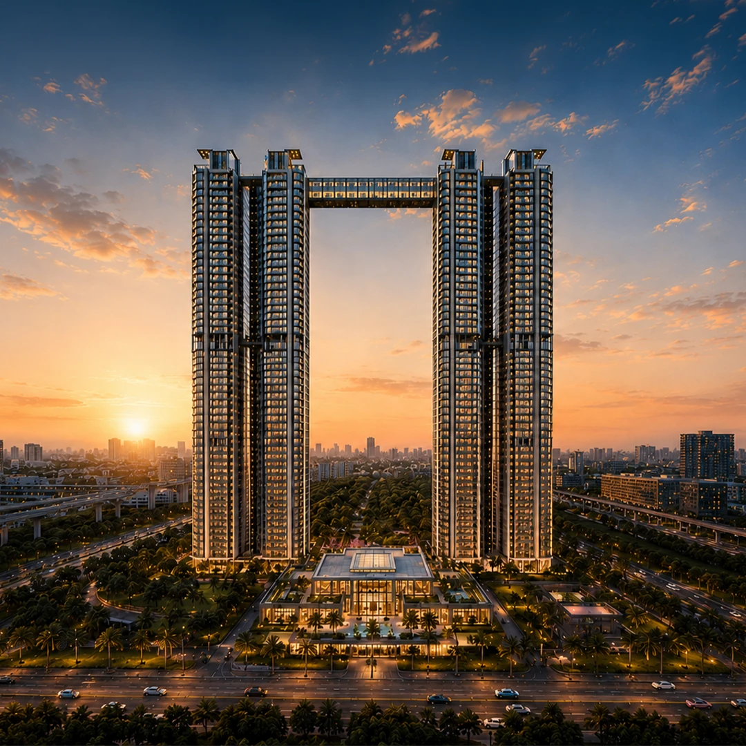 Godrej Brooklyn Avenue twin towers at sunset